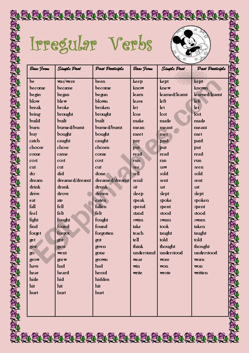 irregular verbs table worksheet