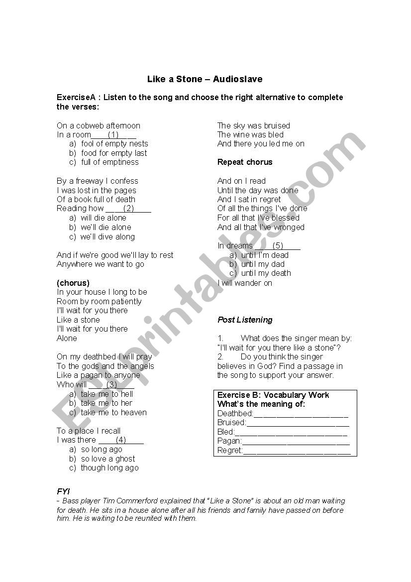 Like a Stone – Audioslave worksheet