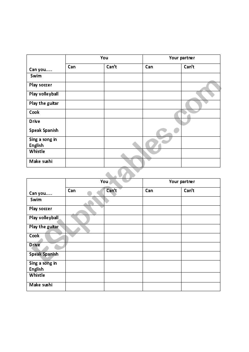 Can you......? worksheet