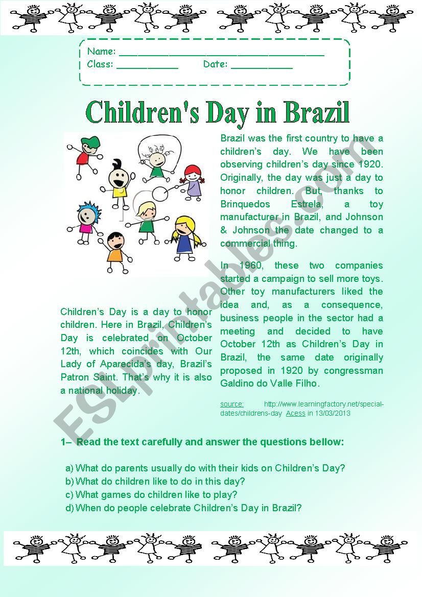 Childrens day in Brazil.  worksheet