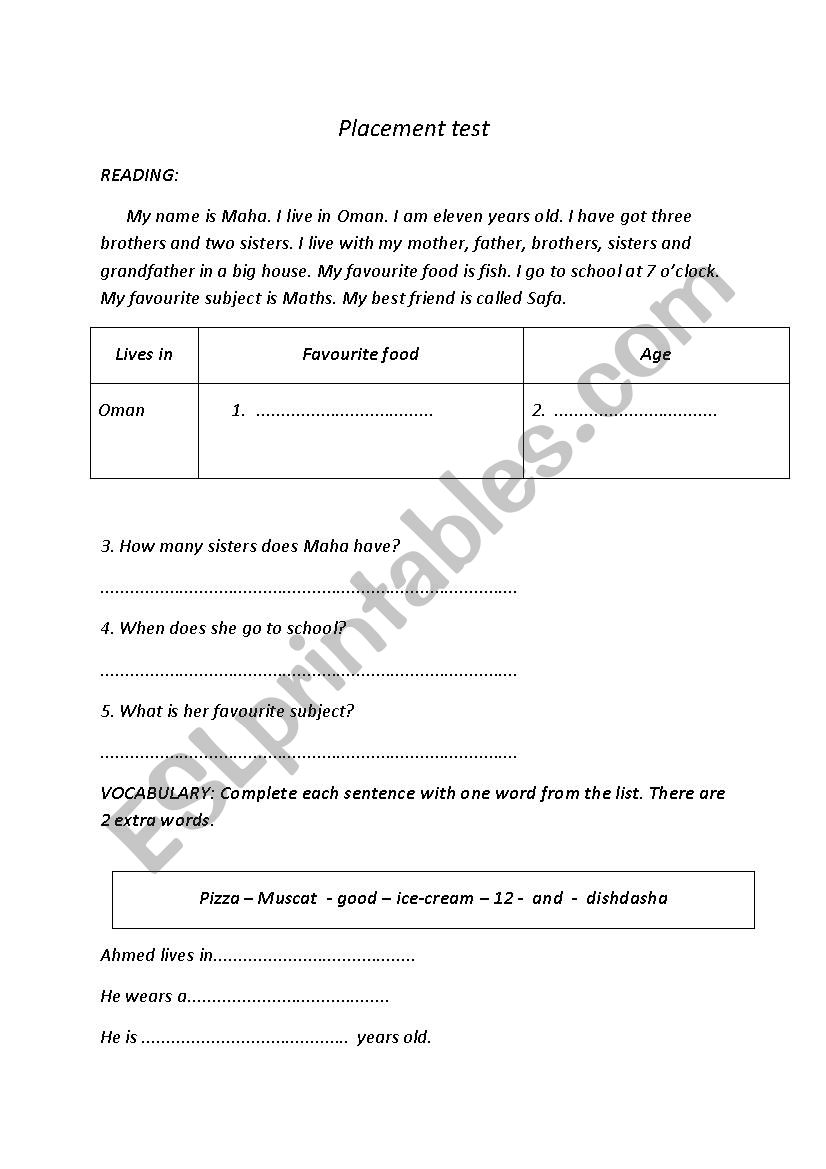 placement test  worksheet