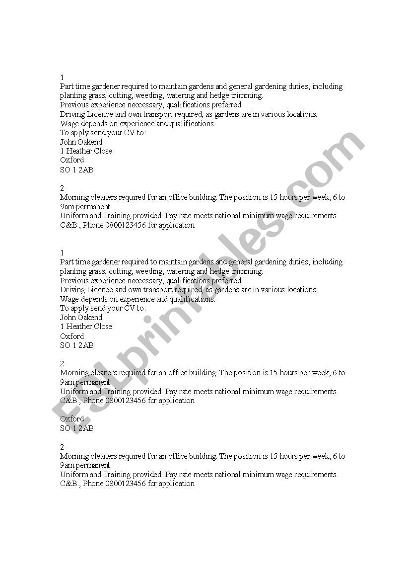 Job interviews - ads worksheet