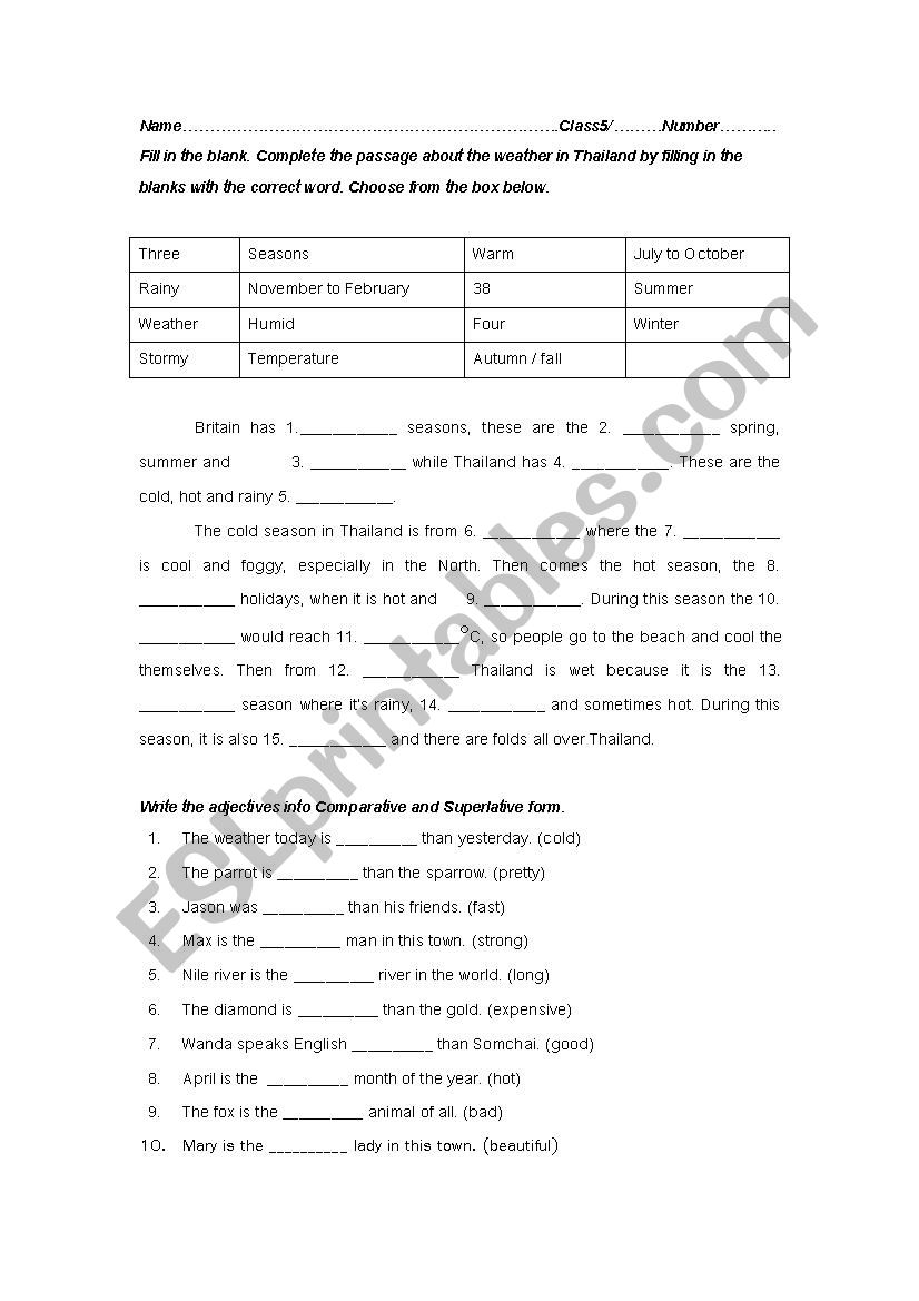 Weather and Comparison worksheet