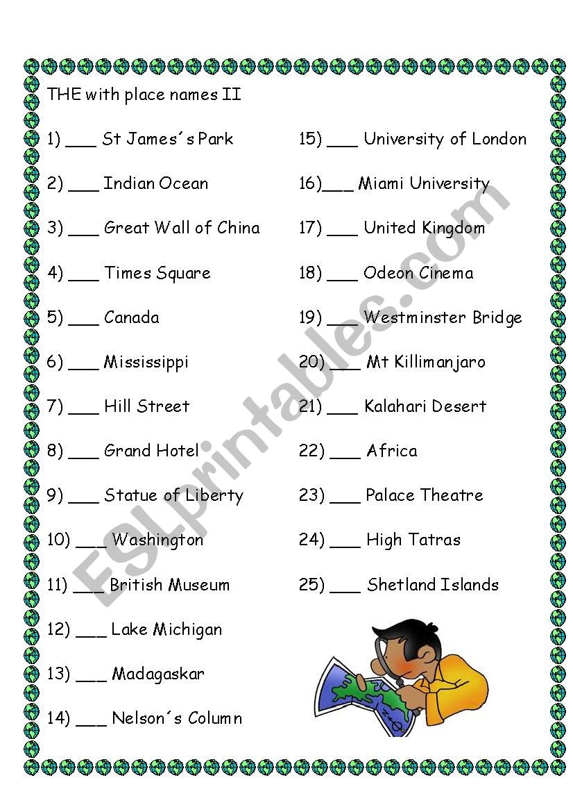 THE with place names II worksheet