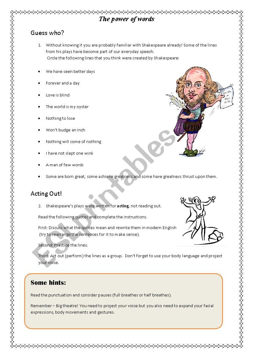 Introduction to Shakespeare worksheet