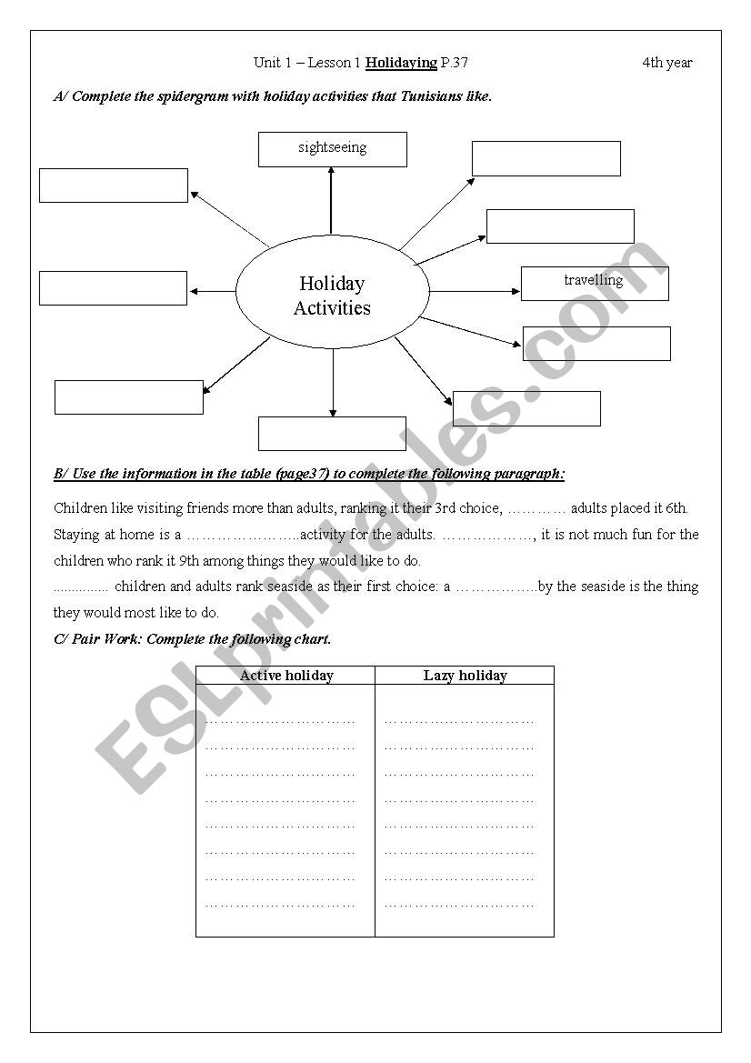 Holidaying worksheet