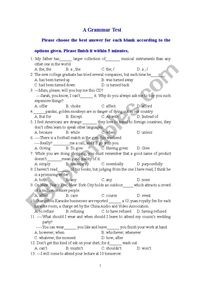  A Grammar Test worksheet