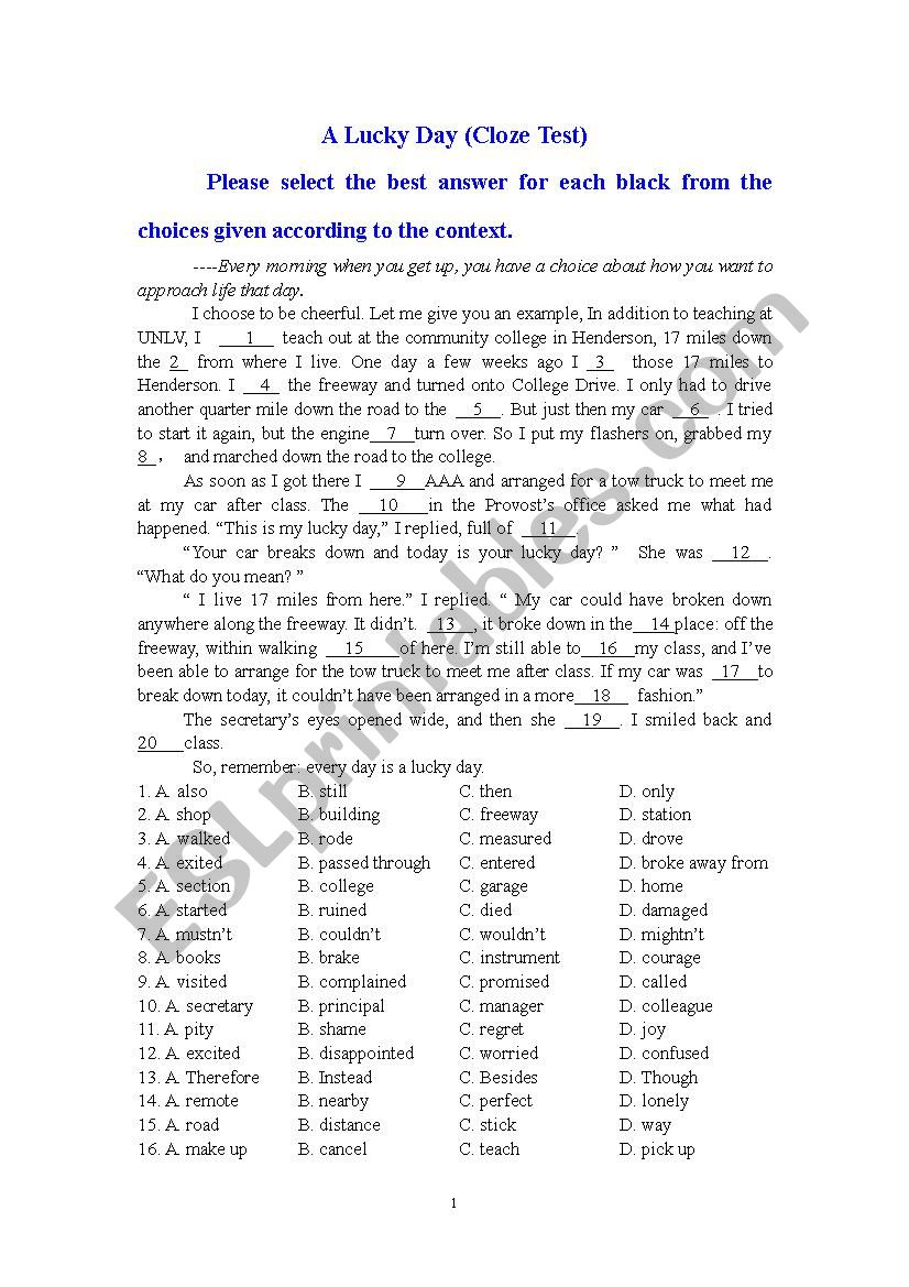 A Lucky Day (Cloze Test) worksheet