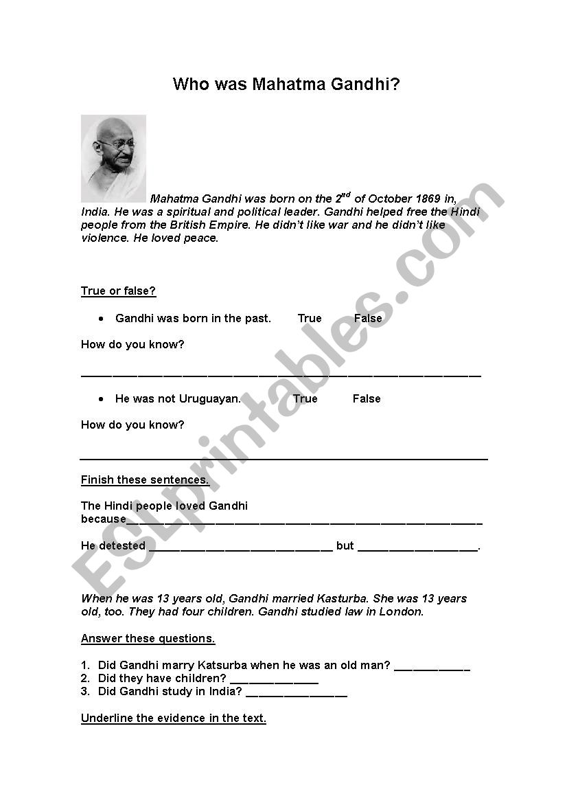 Who was Mahatma Gandhi? worksheet