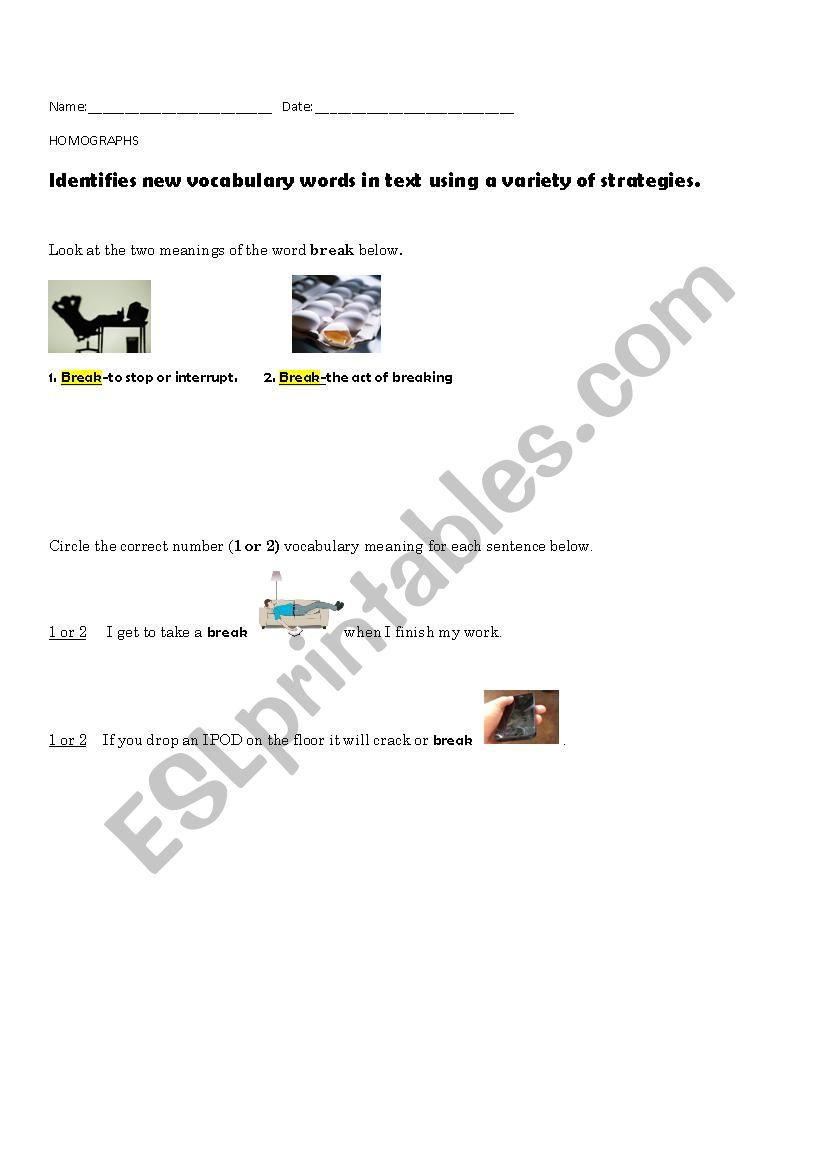 HOMOGRAPHS worksheet