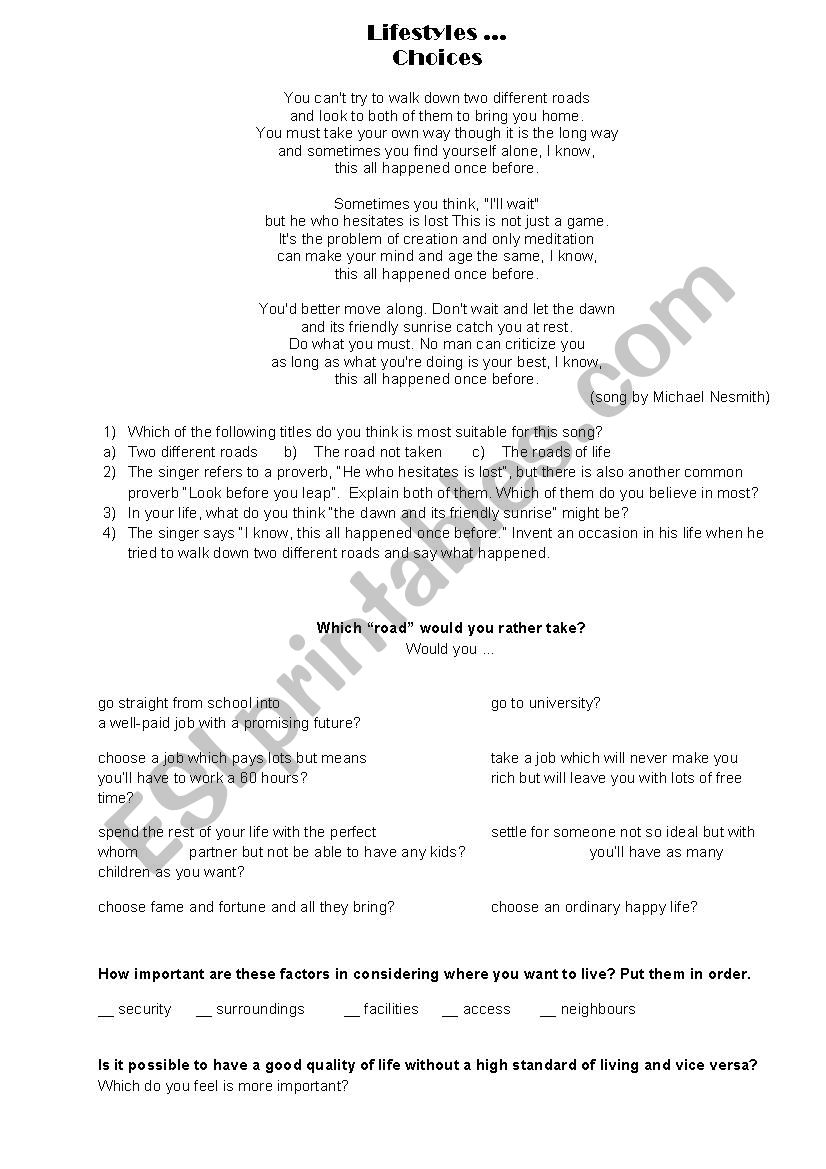 Lifestyle and choices worksheet