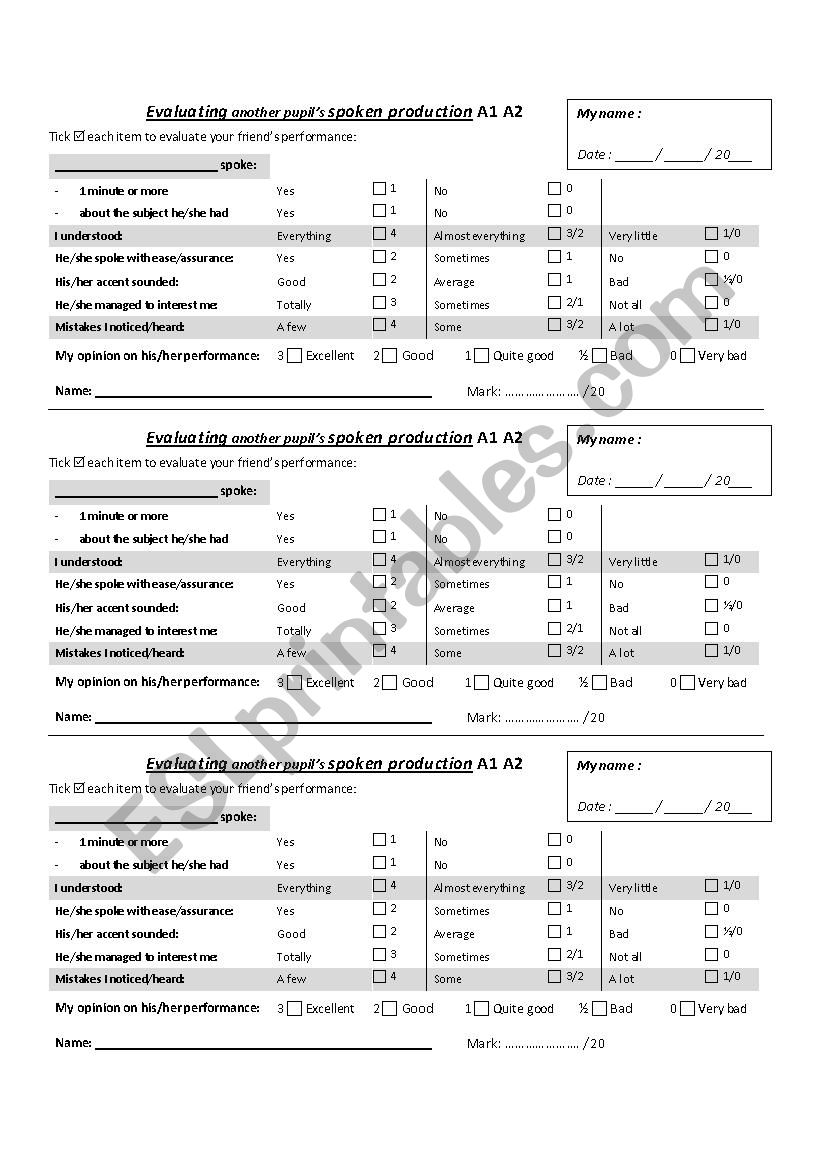 evaluating another pupils spoken production