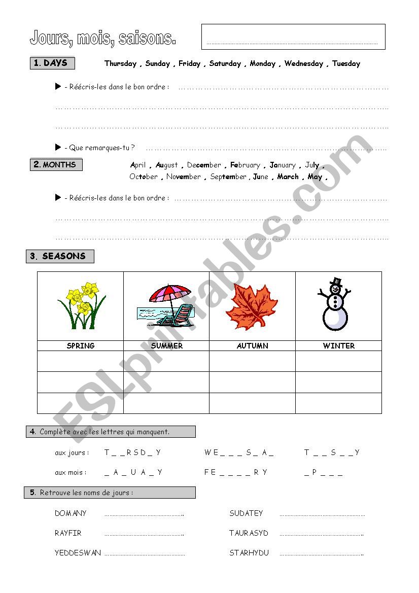 Days, months, seasons worksheet