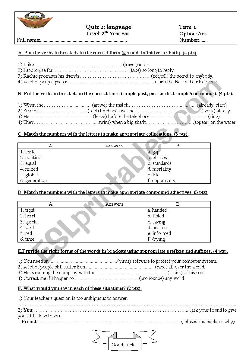 Language quiz worksheet