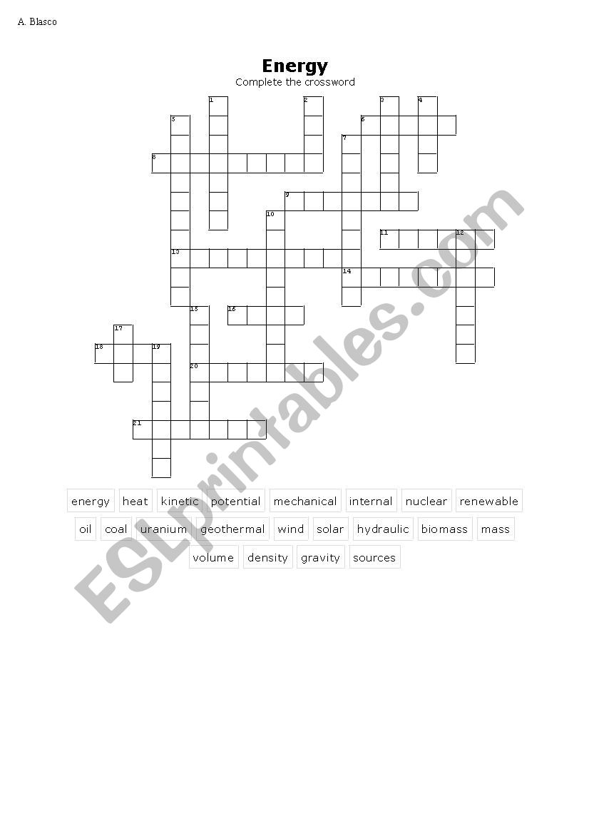 Energy (types and sources) crossword ESL worksheet by AZAHARA82