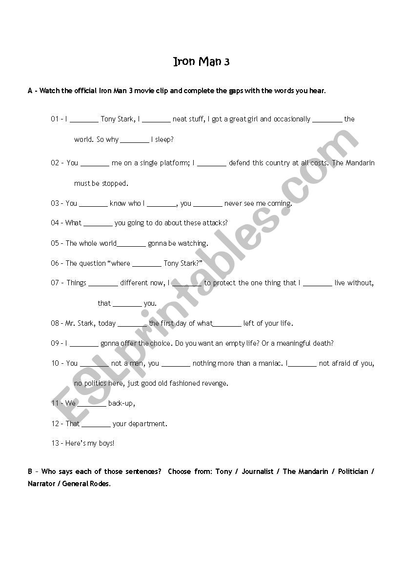 Reported Speech - Iron Man 3  worksheet