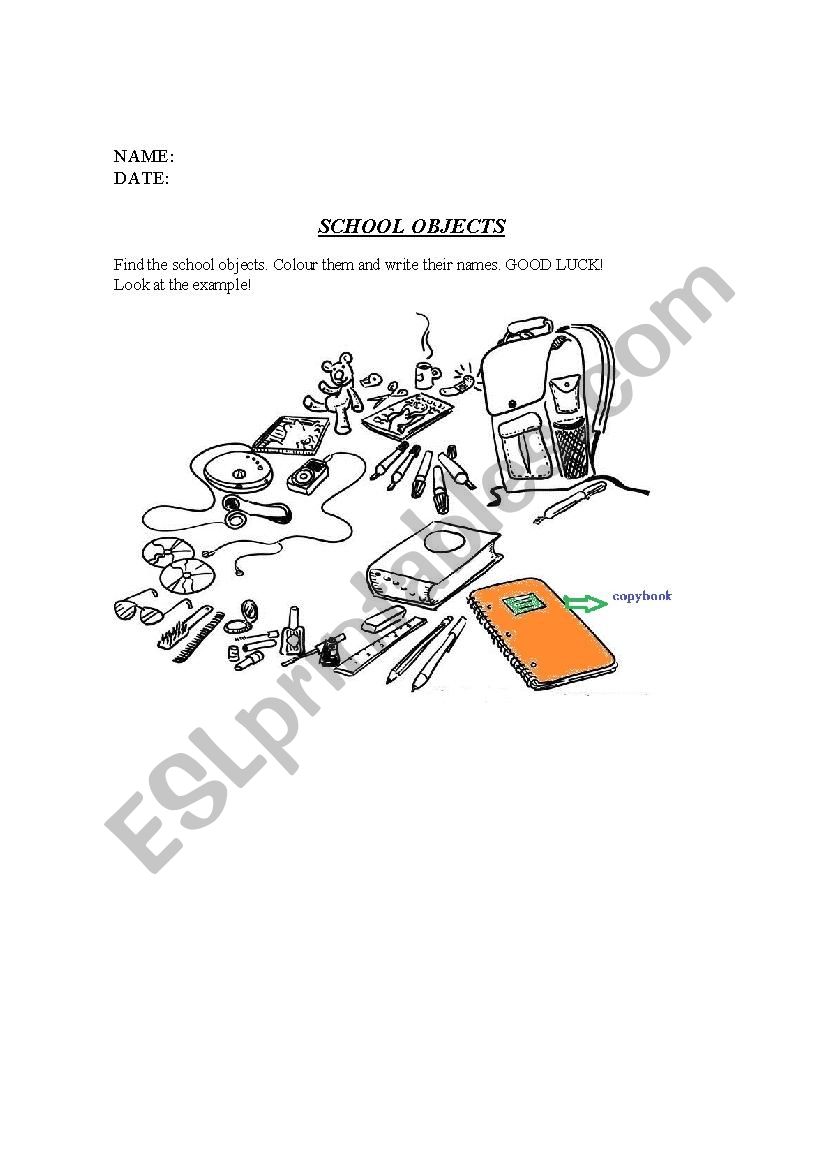 school objects worksheet