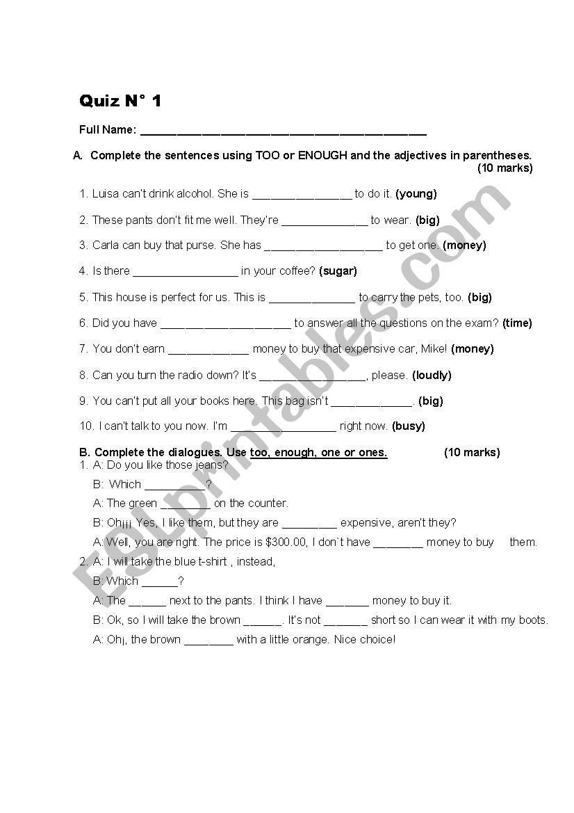 QUIZ-TOO, ENOUGH, ONE, ONES worksheet