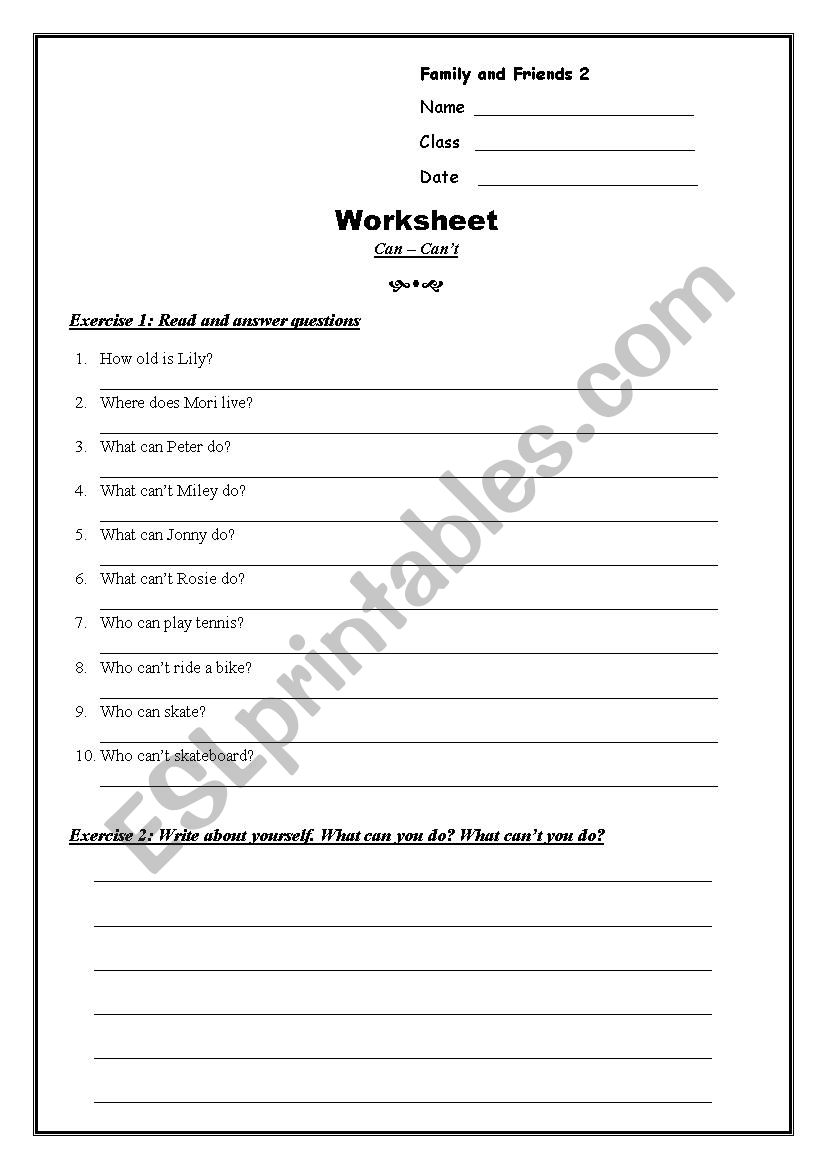 Reading with can / cant worksheet