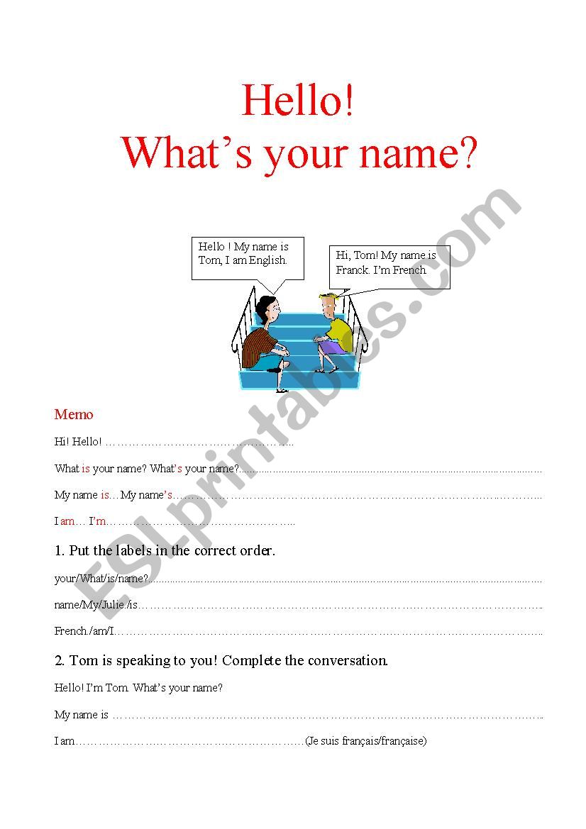 Hello, whats your name? worksheet