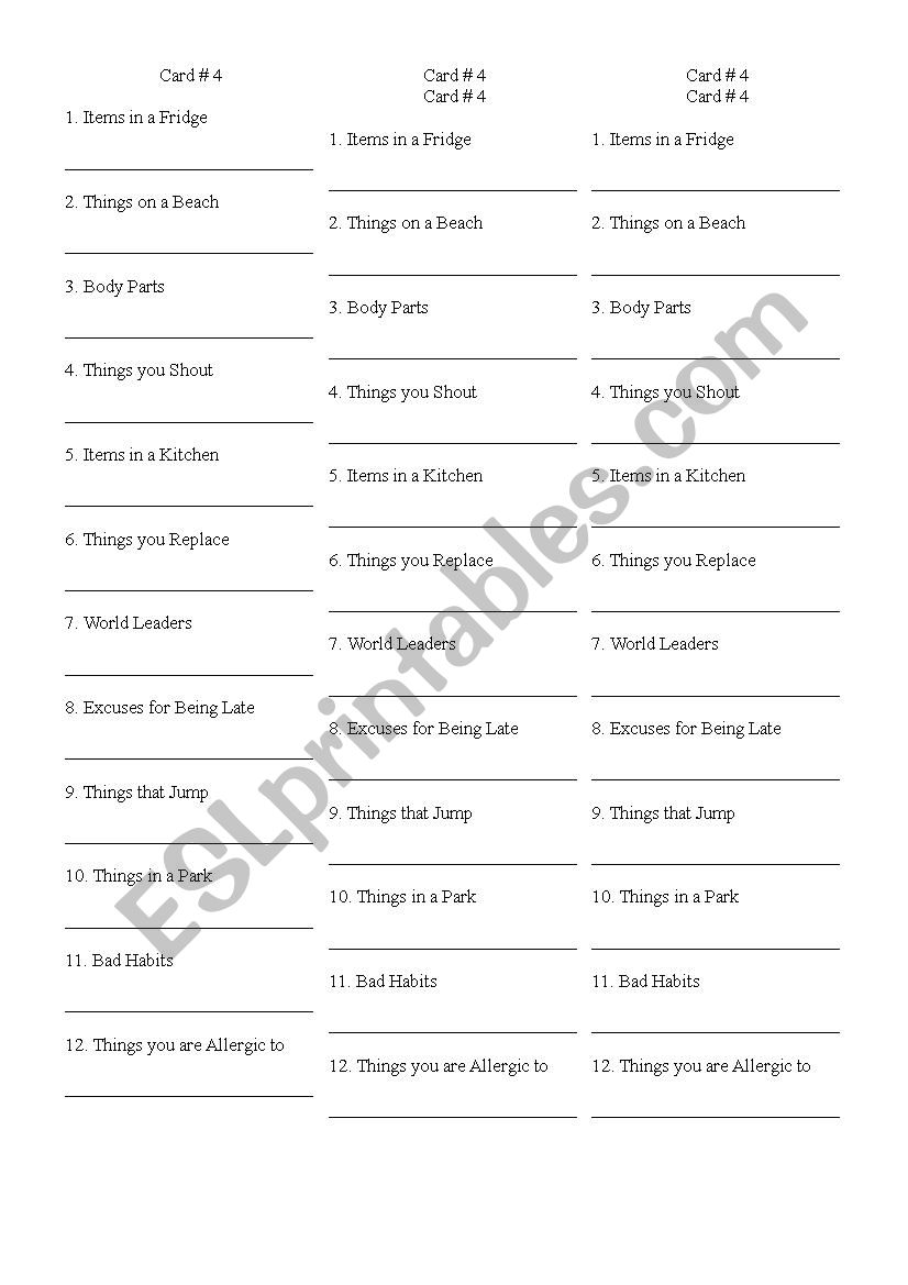 Scattergories 4 worksheet