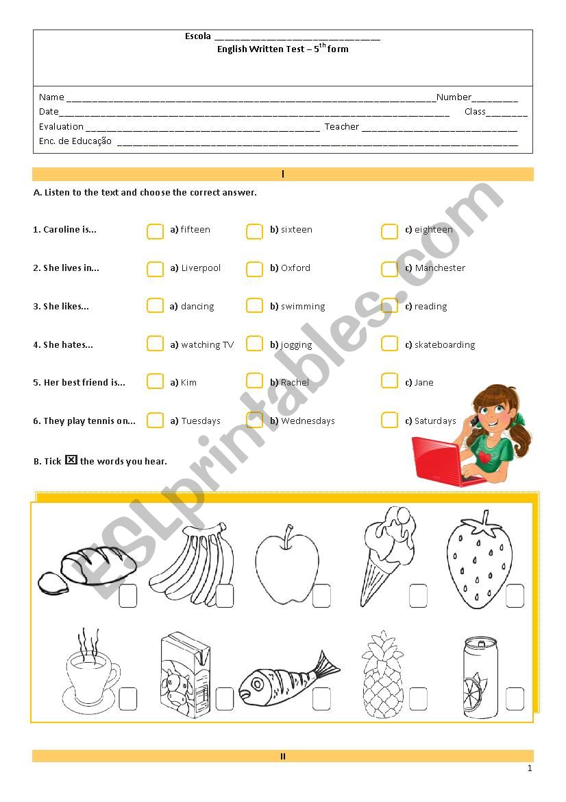 Test 5th grade part 1 worksheet