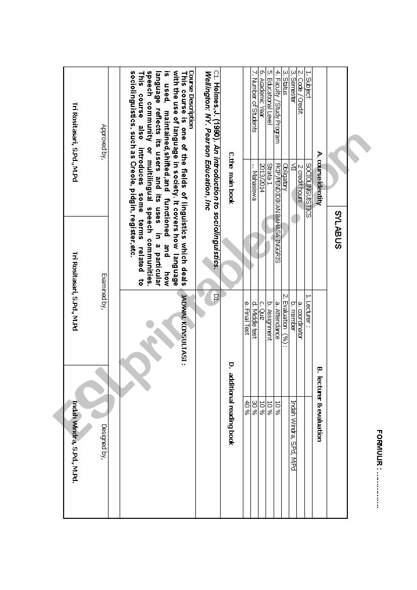 SOCIOLINGUISTICS SYLABUS worksheet