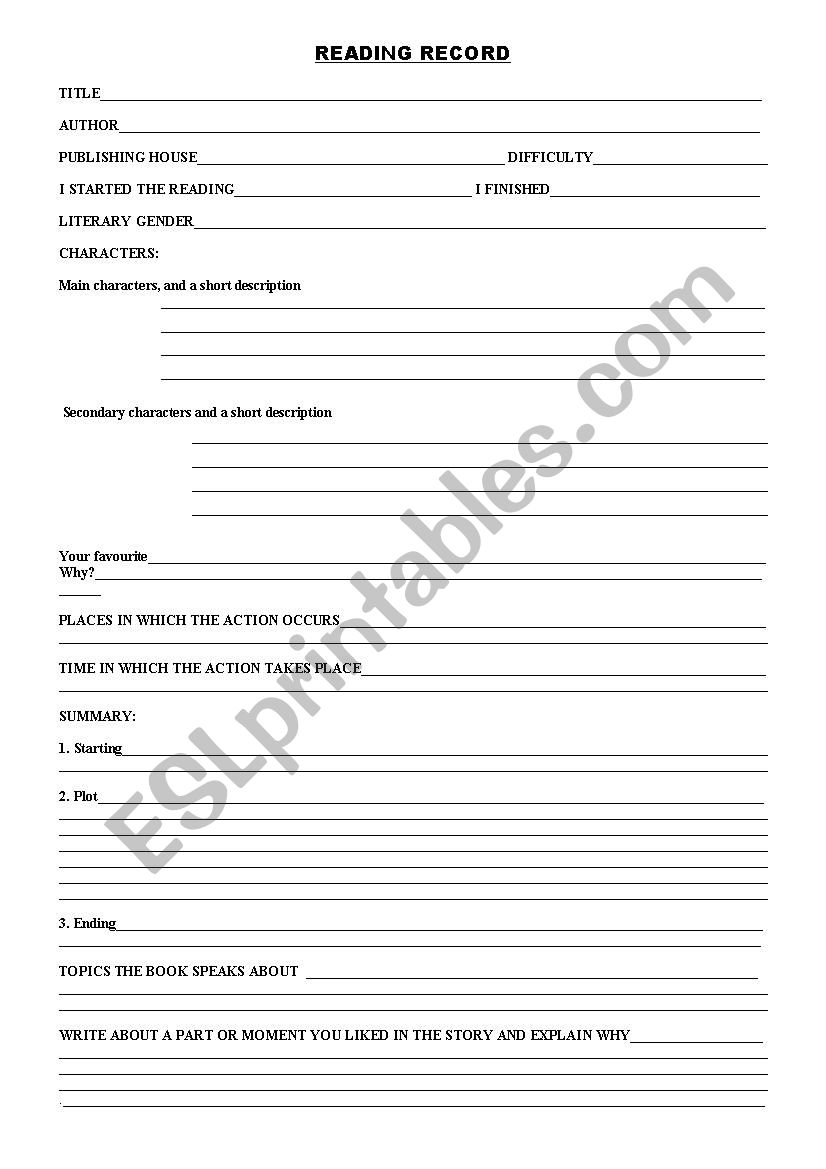 reading record worksheet