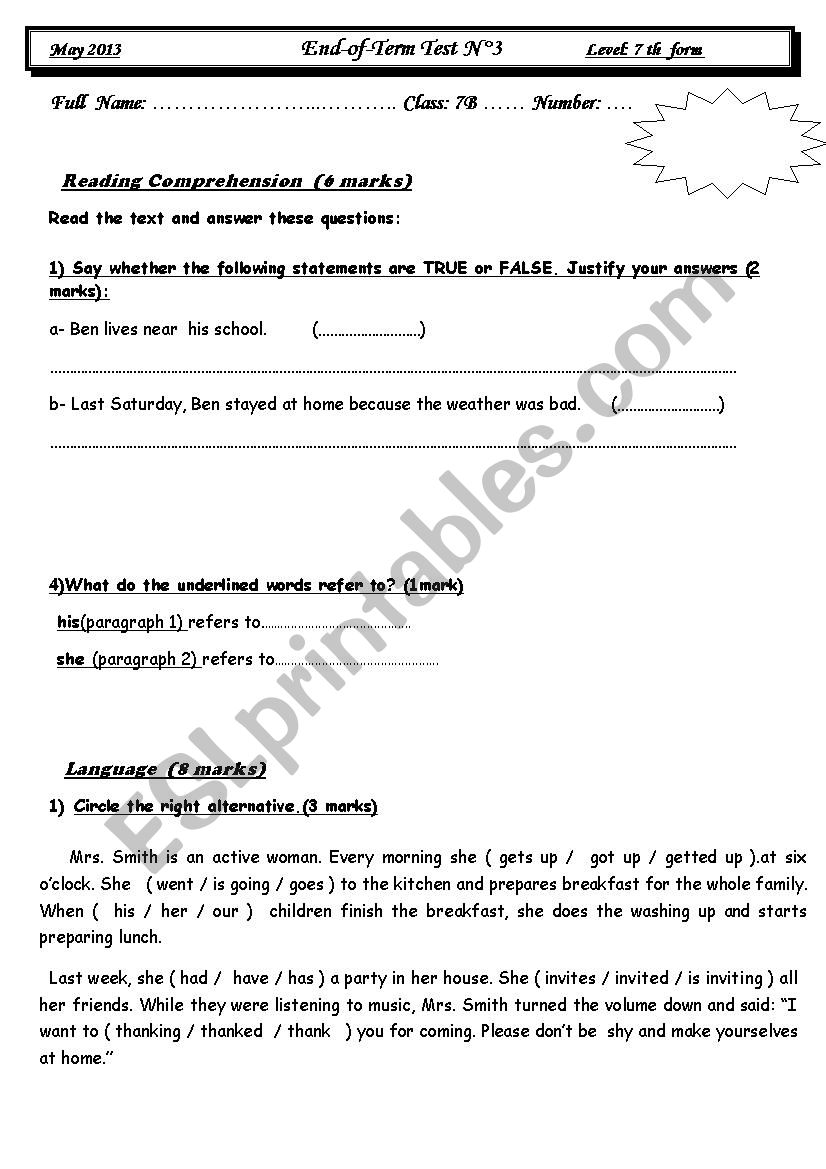 7th form test  n 3 worksheet