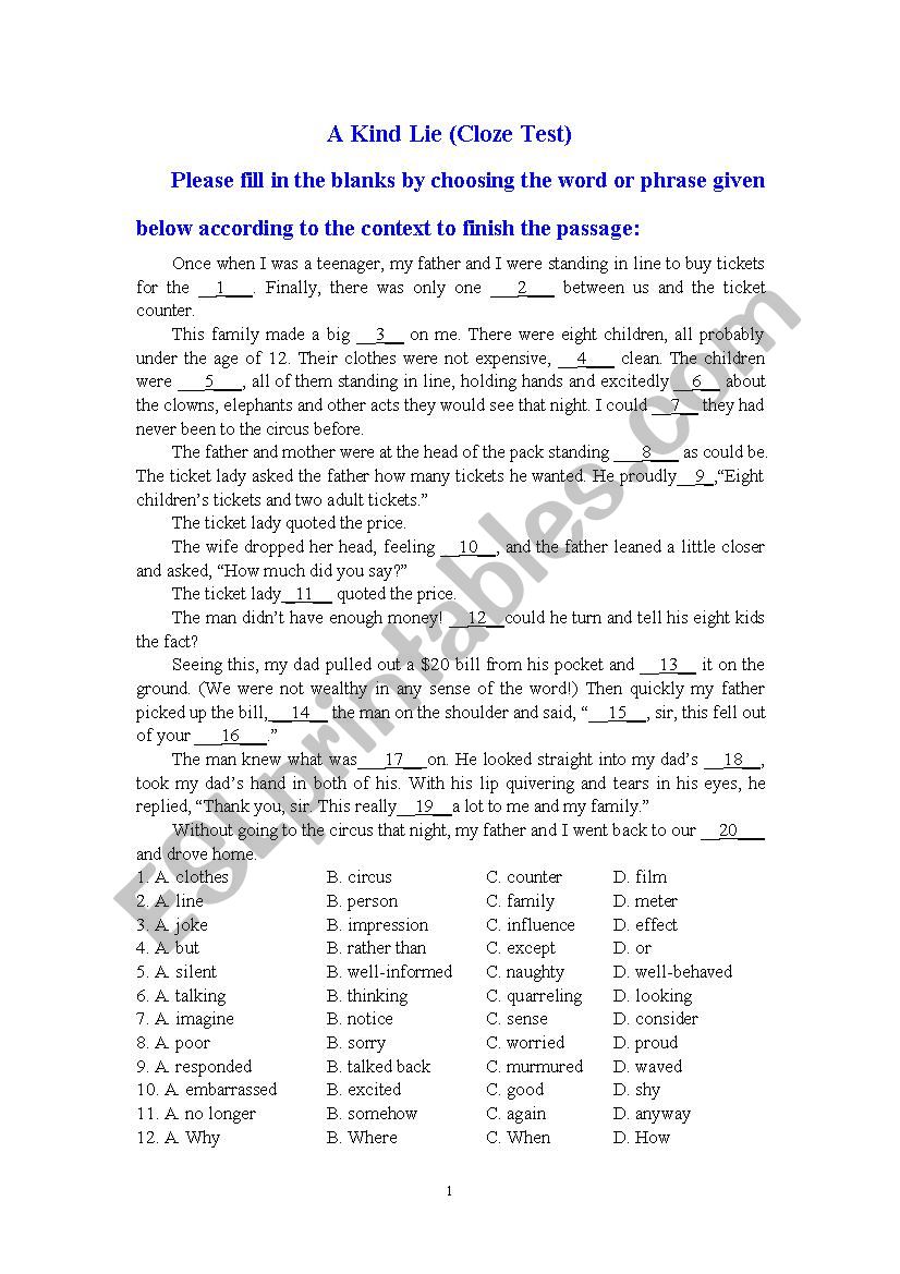 A Kind Lie (Cloze Test) worksheet