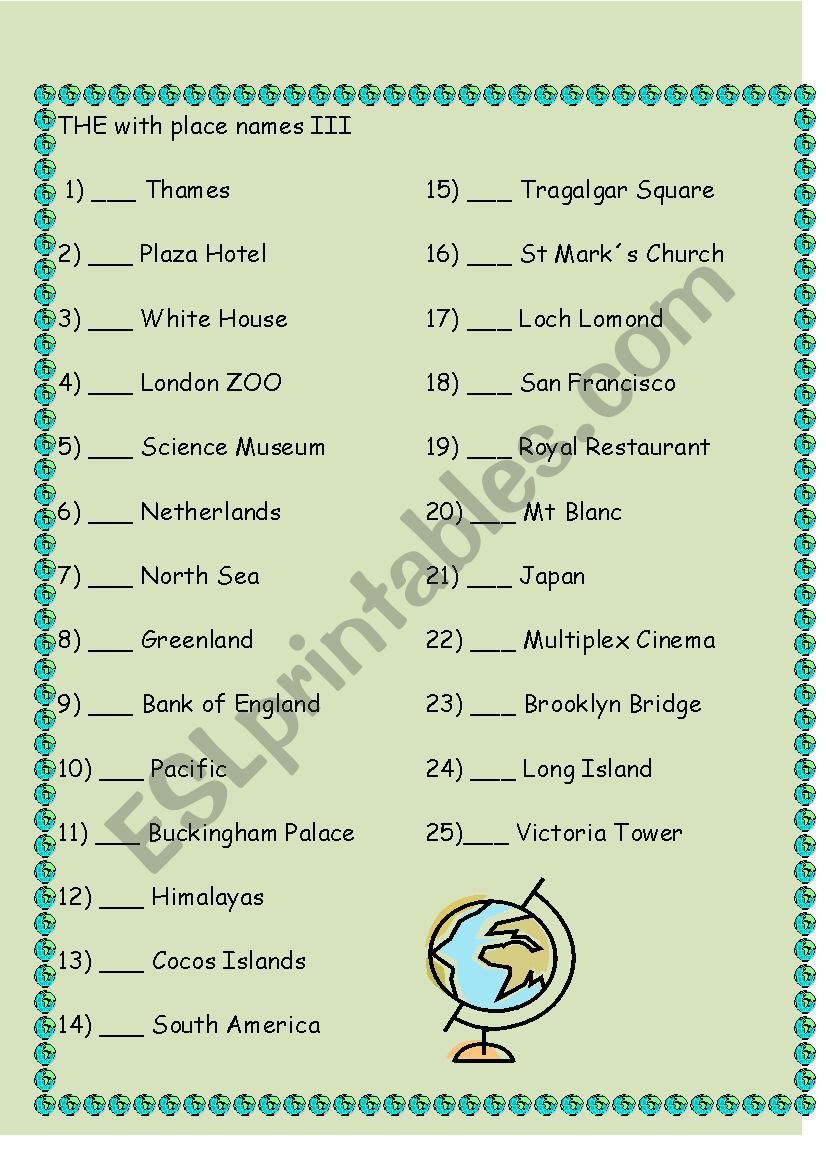 THE with place names III worksheet