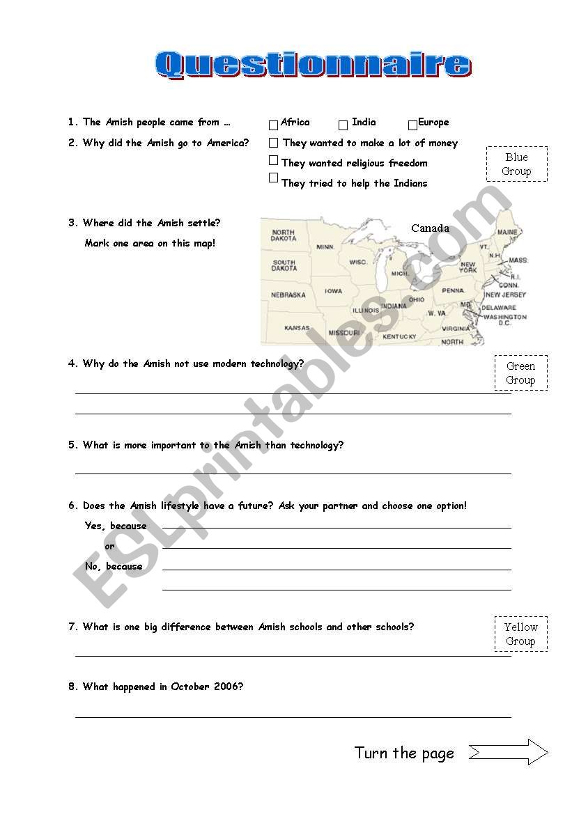 Amish Questionnaire worksheet