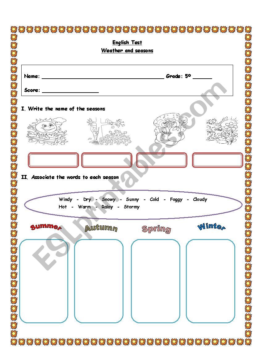 Weather and seasons test (1) worksheet