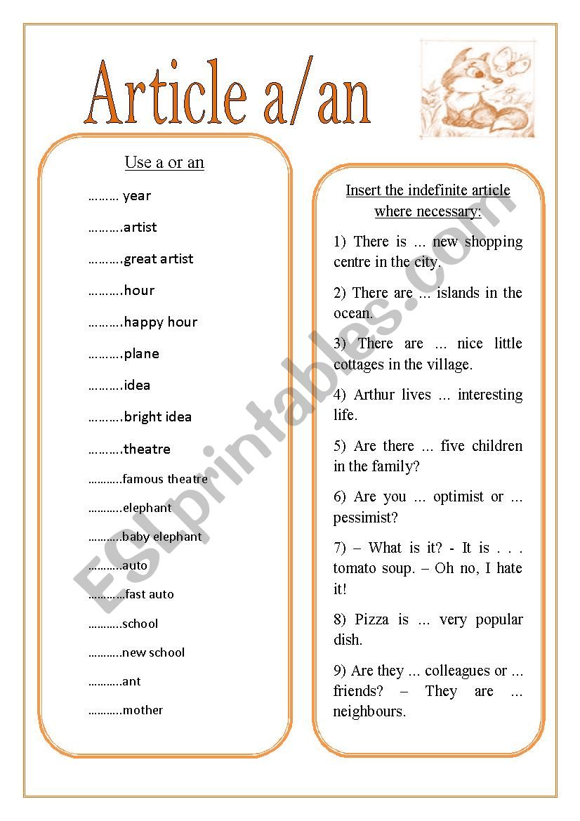 INDEFINITE ARTICLES worksheet