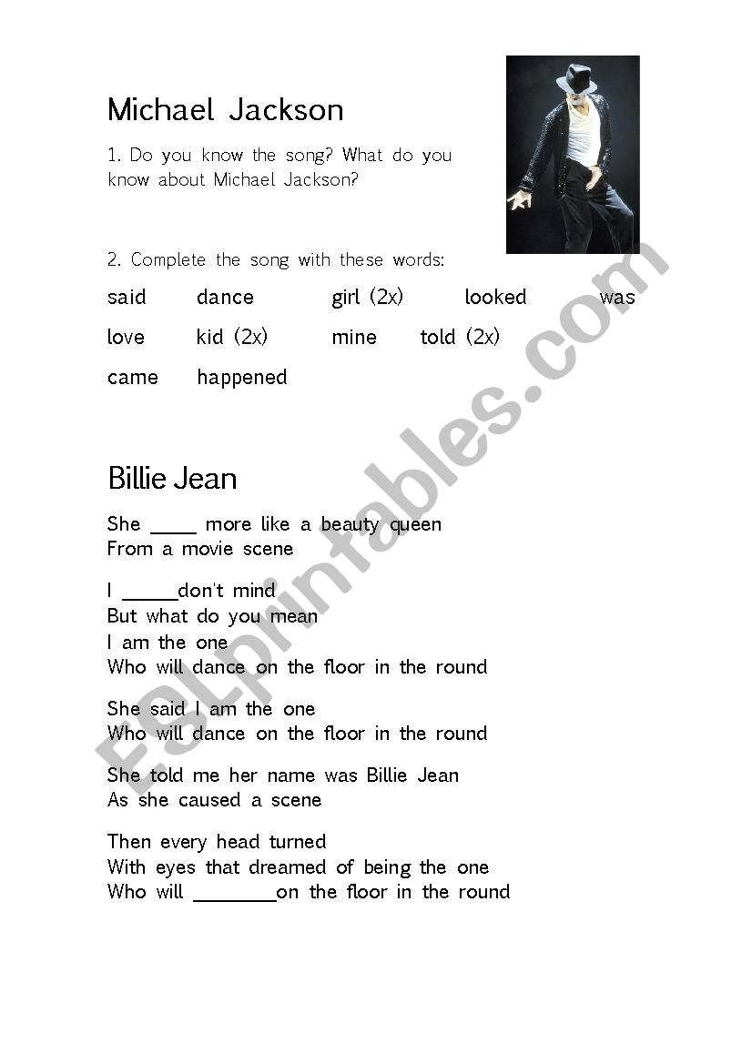 Michael Jackson - Billie Jean worksheet