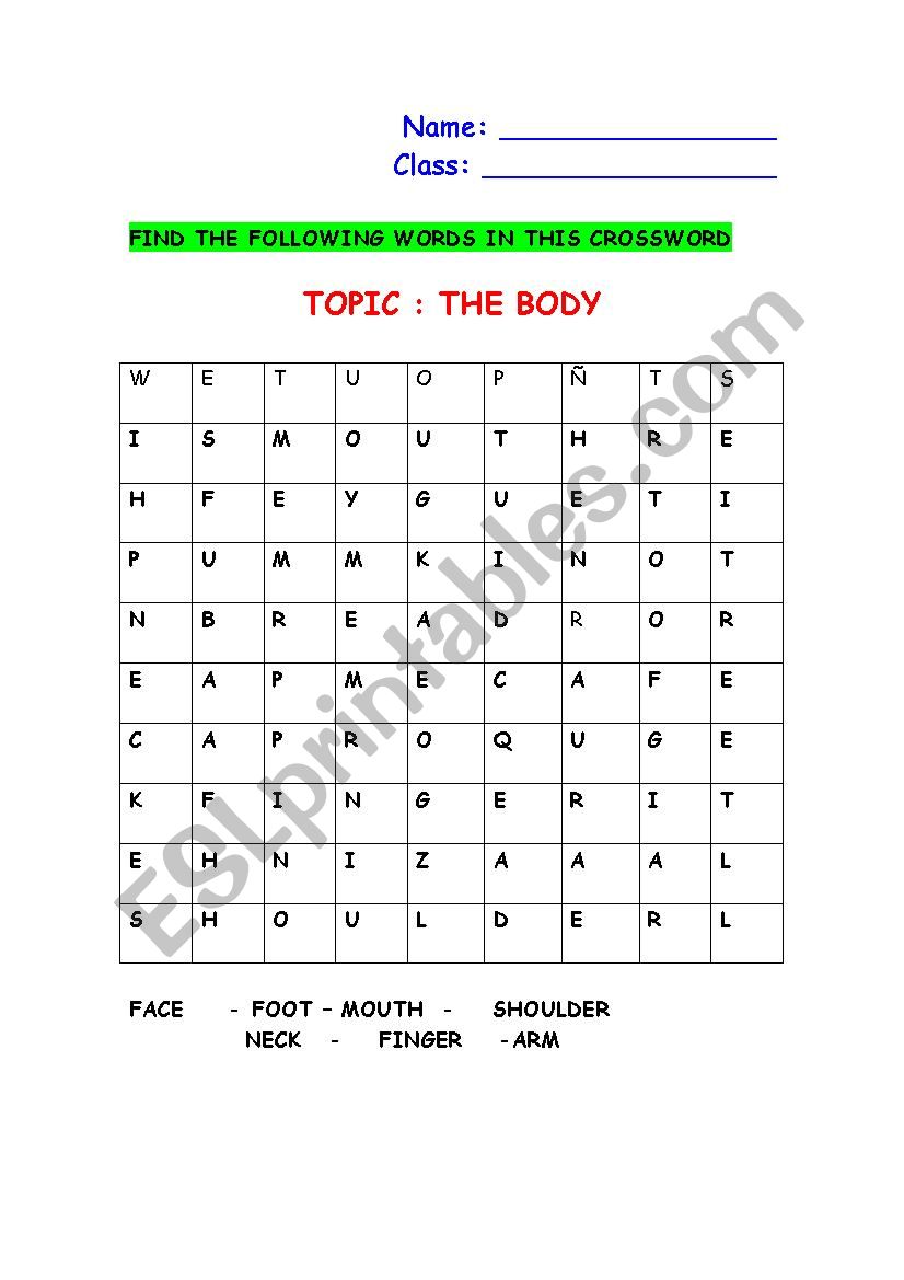 CROSSWORD TOPIC THE BODY worksheet