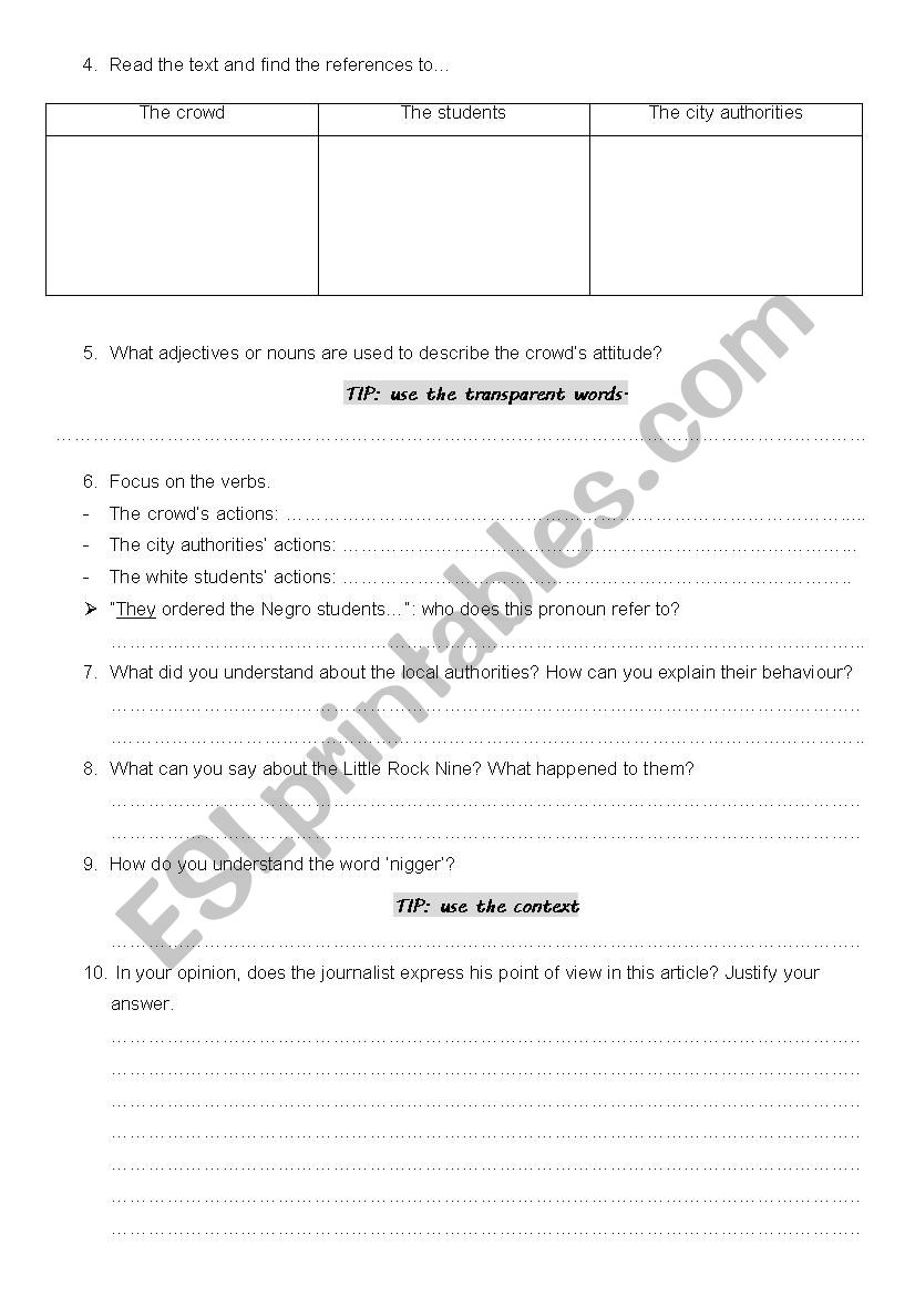 Article The Little Rock Nine Esl Worksheet By Madamev