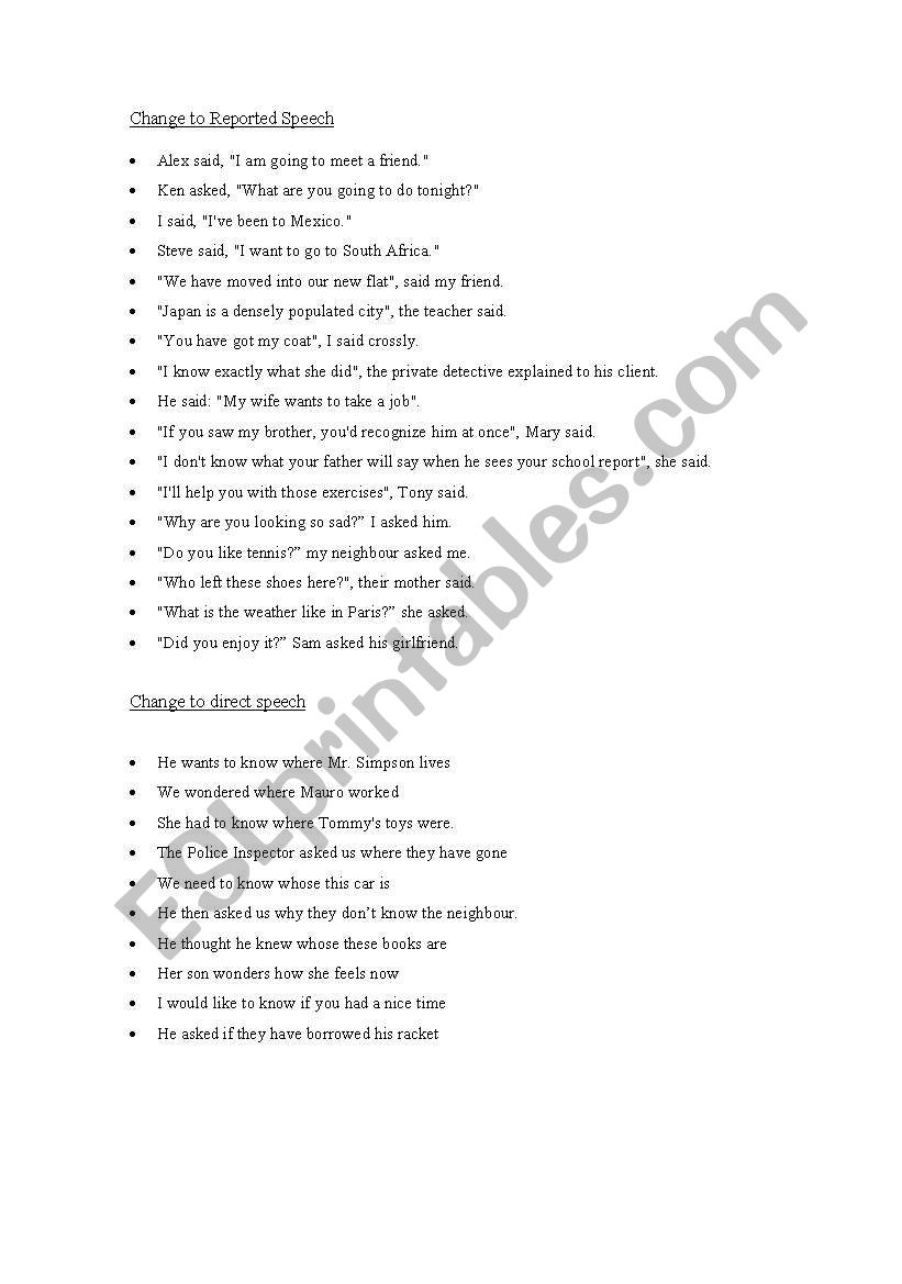 Reported Speech worksheet