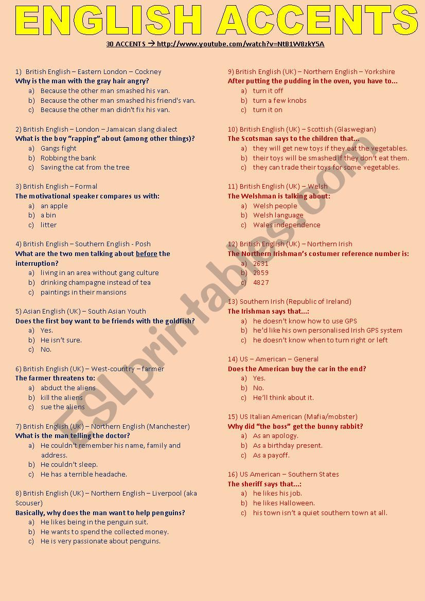 English accents and dialects worksheet