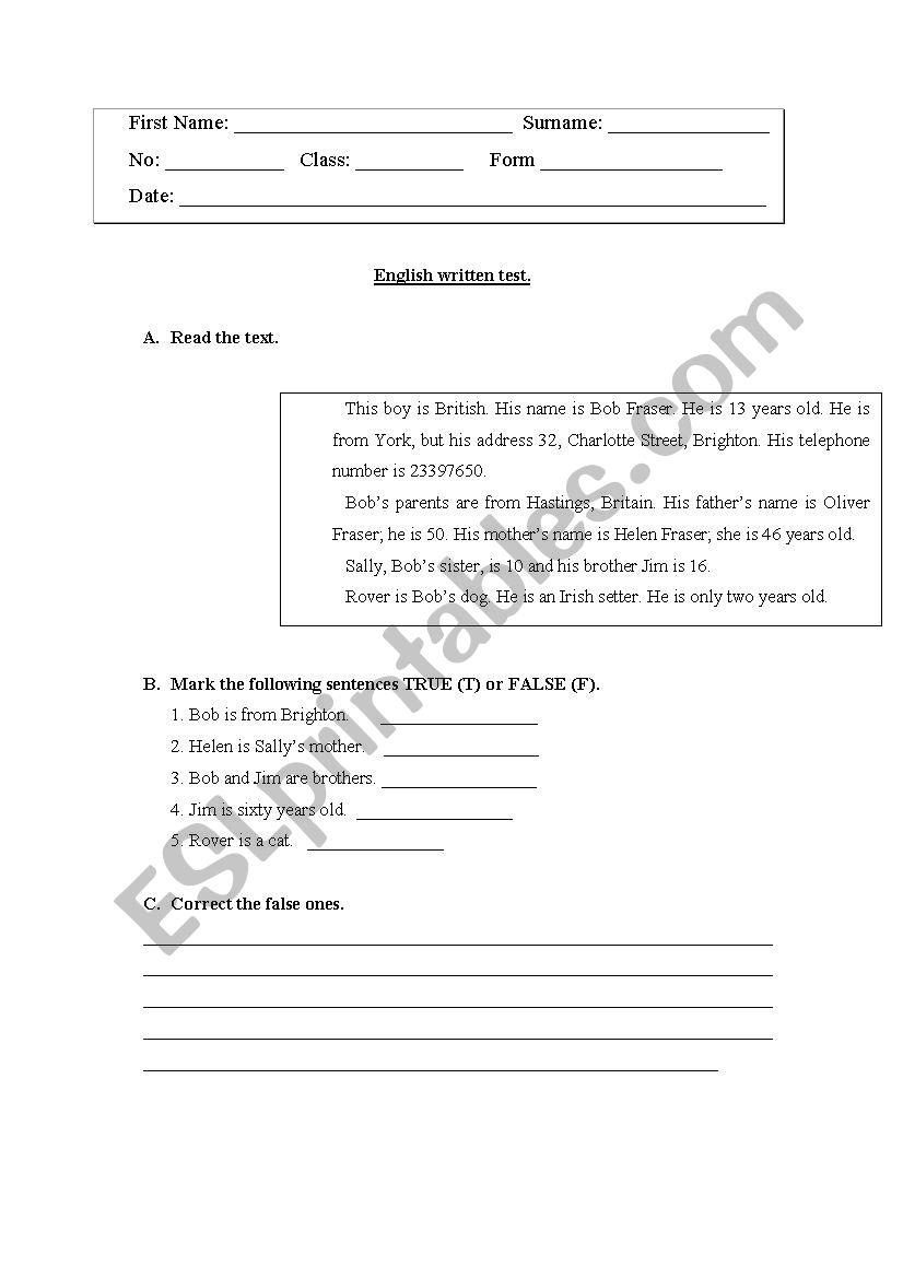 Family relationships worksheet