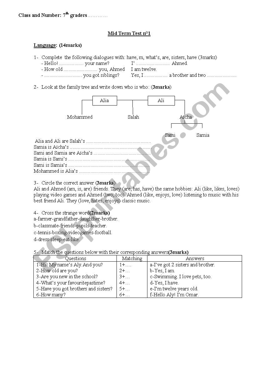 7th graders mid term test 1 worksheet