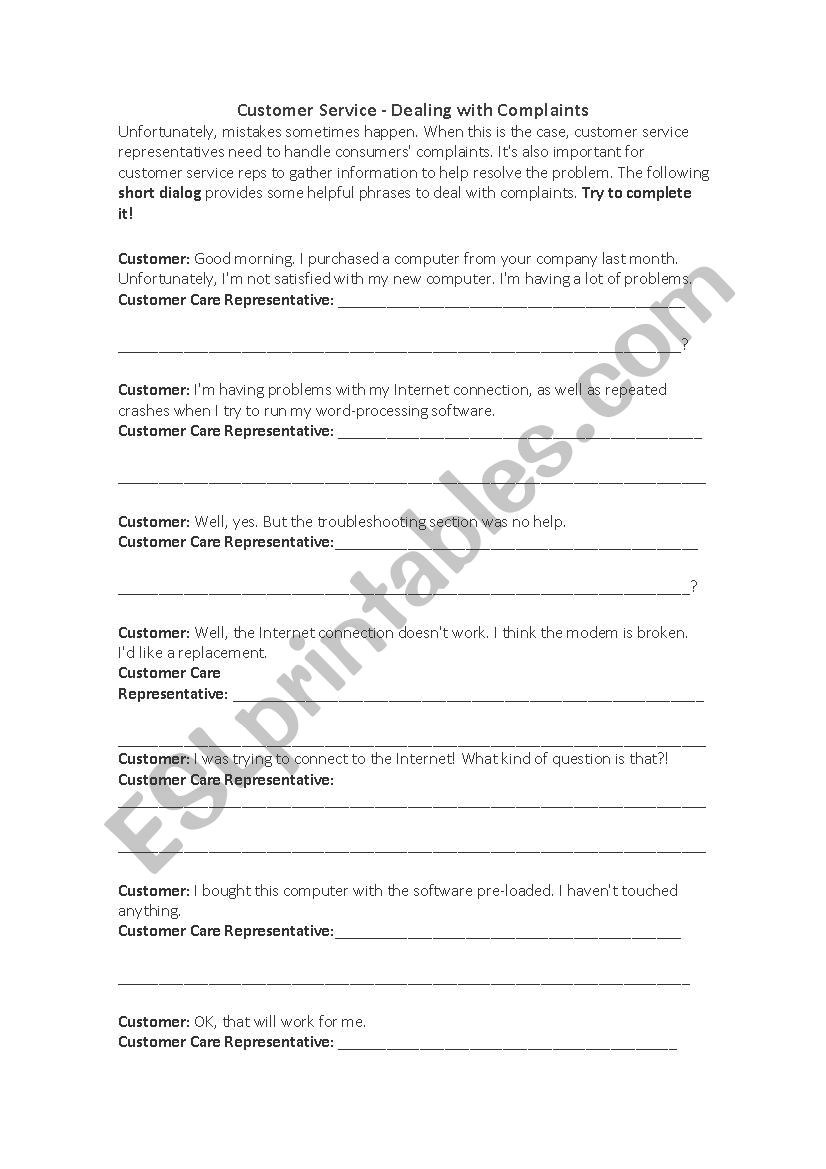 Dealing with complaints worksheet