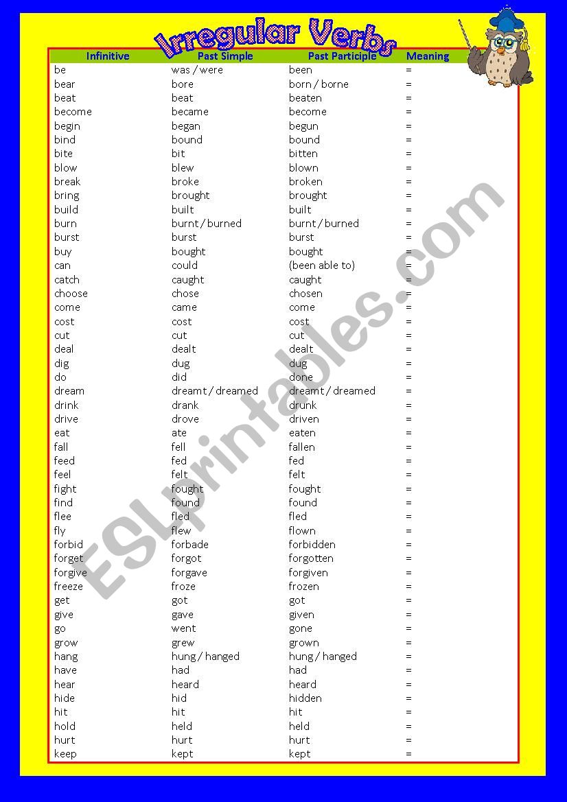 Irregular Verbs - LIST worksheet