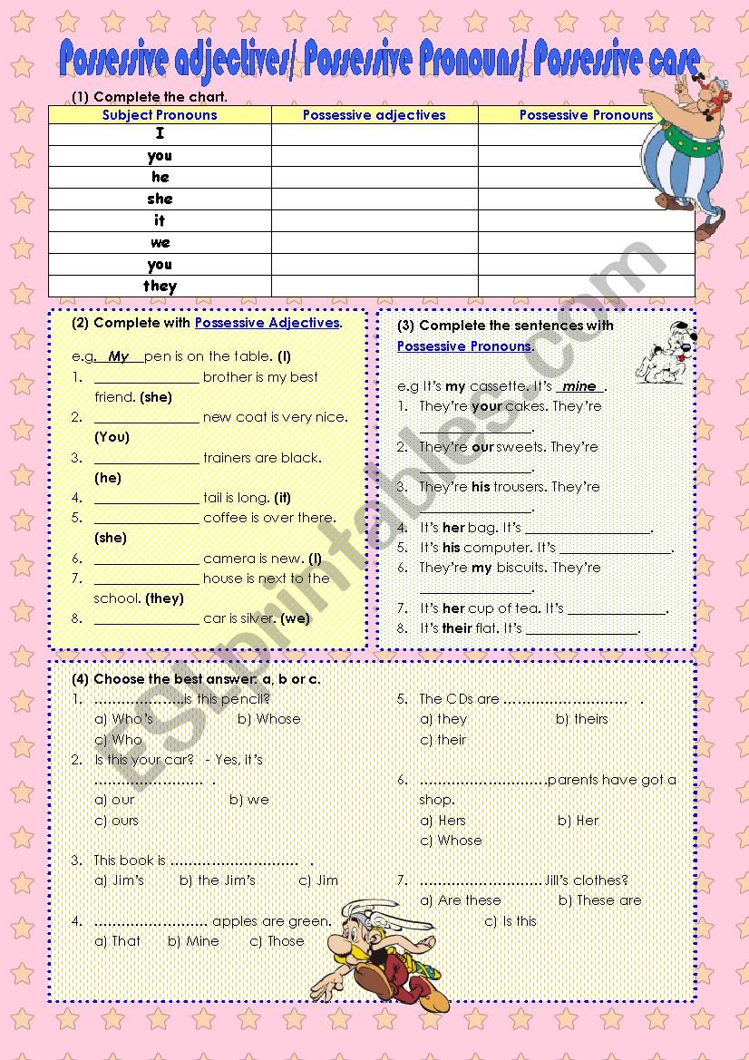Possessive adjectives - possessive pronouns - possessive case- 4 PAGES