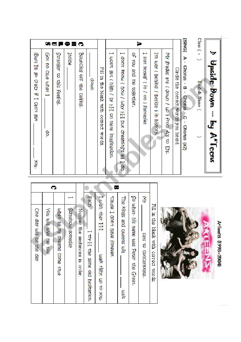 Upside Down by A-Teens worksheet