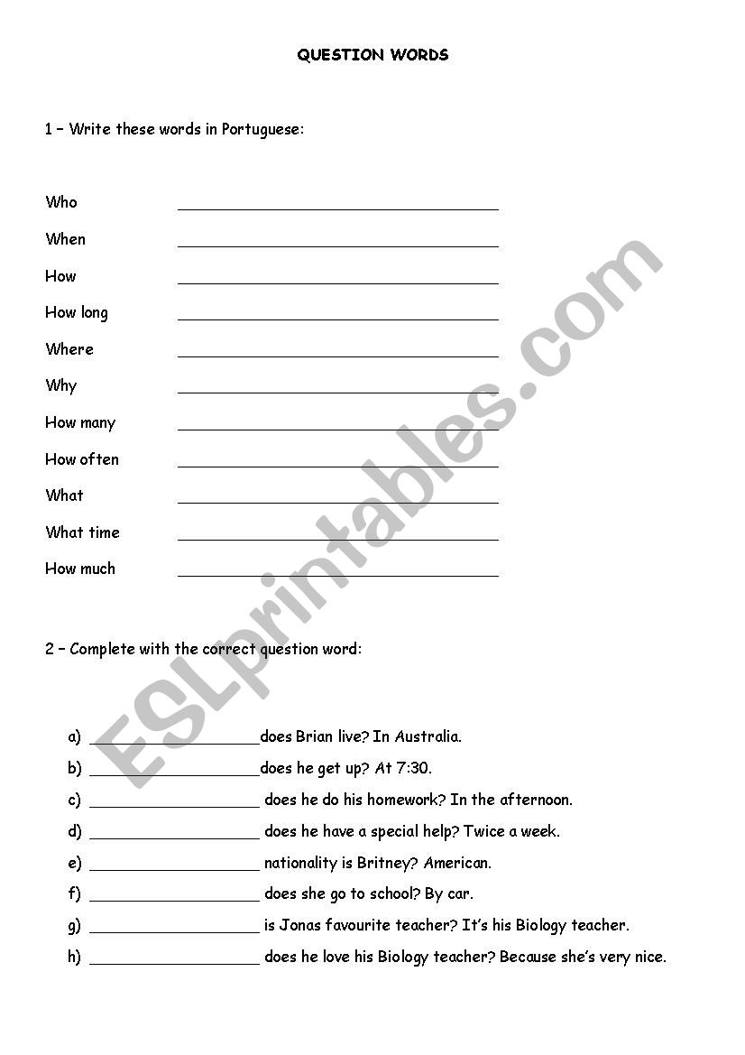 Question words worksheet