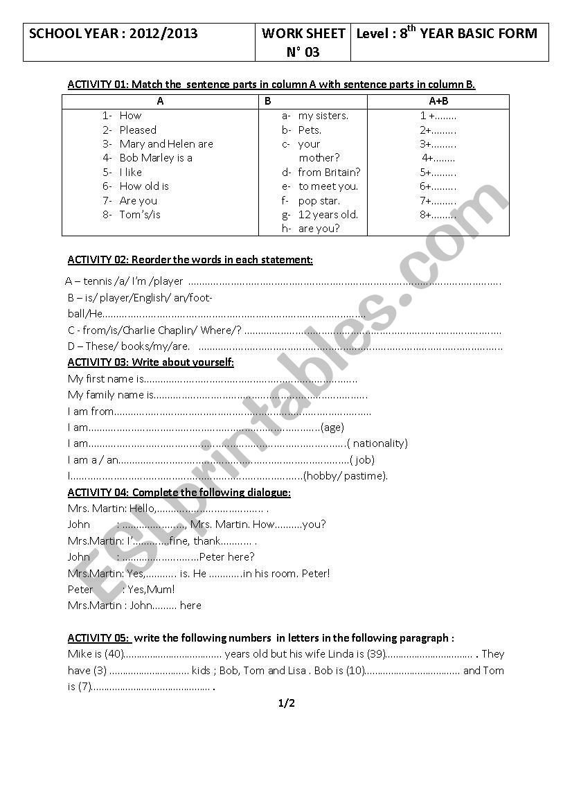 WORK SHEET  N 03 worksheet