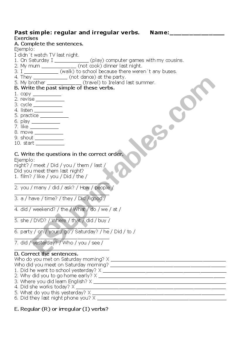 Simple past exercise for 6th 7th and 8th grade