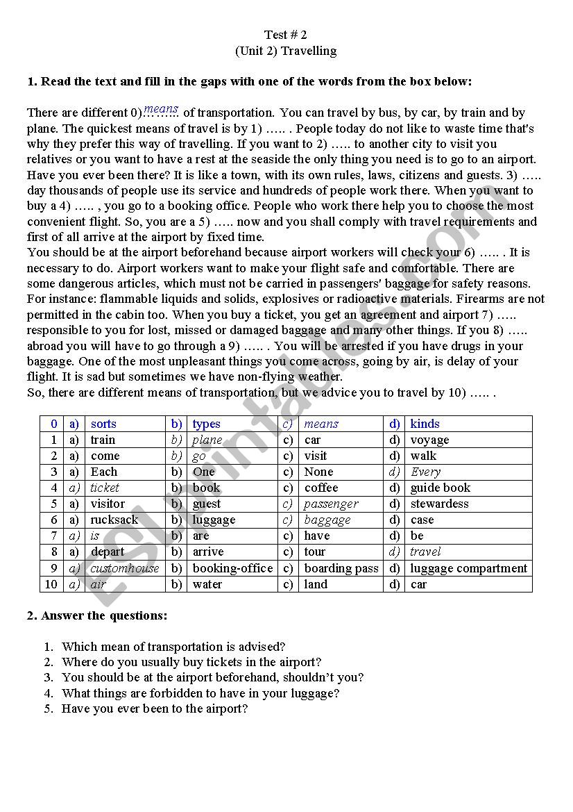 Travelling worksheet