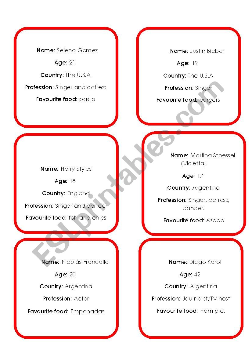 Cards famous people worksheet